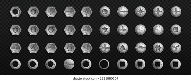 Set of old metal screw top view. Construction and repair equipment on copy space. Hexagon, circle and cross shaped heads. Realistic isometric vector collection isolated on transparent background