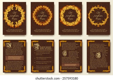 Set of old middle ages flyer pages ornament illustration concept. Vintage art traditional, Islam, arabic, indian, ottoman motifs, elements. Vector decorative retro greeting card or invitation design. 