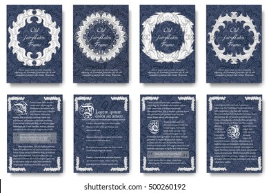 Set of old middle ages flyer pages ornament illustration concept. Vintage art traditional, Islam, arabic, indian, ottoman motifs, elements. Vector decorative retro greeting card or invitation design. 