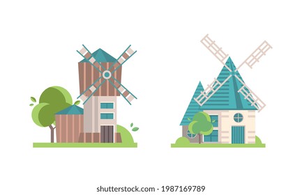 Set of Old Mills, Ancient Windmill Rural Buildings for Grain or Bread Processing Cartoon Vector Illustration