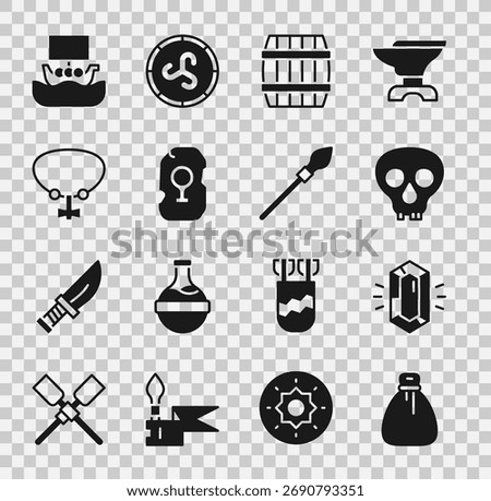 Set Old money bag, Gem stone, Skull, Wooden barrel, Magic rune, Necklace with gem, Viking ship Drakkar and Medieval spear icon. Vector