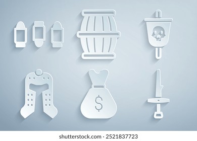 Set Alte Geldtasche, Piratenflagge, Mittelalterlicher Helm, Dolch, Kanonenpulverlass und Kugel-Symbol. Vektorgrafik