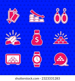 Set Old money bag, Wrist watch, Gold bars, Safe with gold, Earrings and  icon. Vector