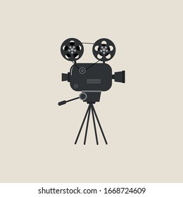 Set of old movie cinema projectors on a tripod. Hand-drawn sketch of an old cinema projectors in monochrome, isolated on white background. Template for banner, flyer or poster. Vector illustration.