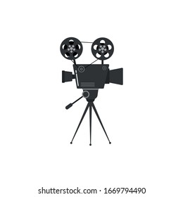 Set of old movie cinema projectors on a tripod. Hand-drawn sketch of an old cinema projectors in monochrome, isolated on white background. Template for banner, flyer or poster. Vector illustration.