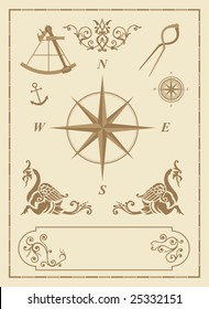 set of old nautical symbols and icons with vintage map design elements