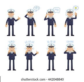 Set of old navy captain characters posing in different situations. Cheerful captain talking on the phone, thinking, pointing up, surprised, laughing, crying, smiling. Flat style vector illustration