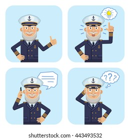 Set of old navy captain characters posing in different situations. Cheerful captain showing thumb up gesture, pointing up, talking on the phone, thinking. Flat style vector illustration