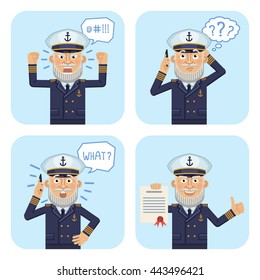 Set of old navy captain characters posing in different situations. Cheerful captain talking on the phone, thinking, surprised, angry, holding document. Flat style vector illustration