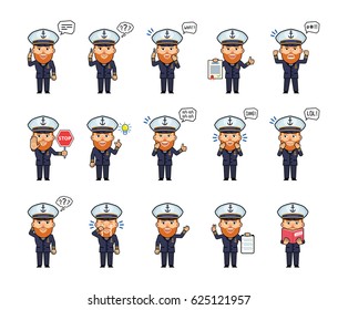 Set of old navy captain characters showing various actions, emotions. Funny skipper talking on phone, thinking, surprised, angry, reading a book and doing other actions. Simple vector illustration