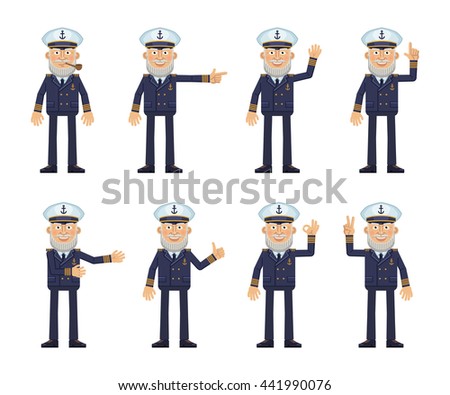 Set of old navy captain characters showing different hand gestures. Cheerful skipper showing thumb up gesture, this way, greeting, waving, pointing up, victory sign. Flat style vector illustration