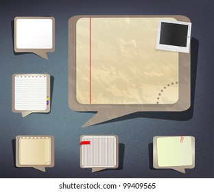 Set of old and new paper notebook sheets in speech bubble style