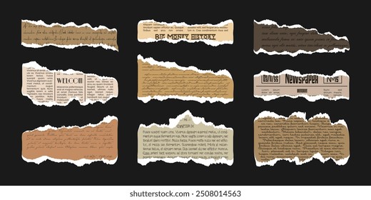 Set of old Newspaper and vintage Letter sheet for Scrapbook. Collage craft ragged elements pieces. Trendy vector abstract grunge pages. Paper with torn edges and illegible font.