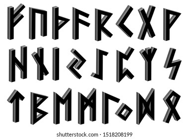 Set of old Norse runes. 3d black runic alphabet, Futhark. Ancient occult Viking characters letters on white background, rune font. Vector illustration, EPS 10 . Old Norse writing.