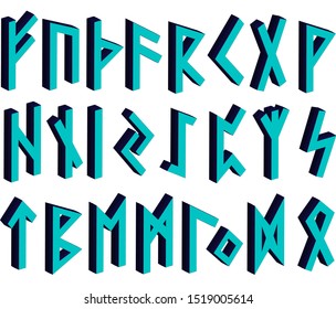 Set of old Norse runes. 3d blue runic alphabet, Futhark. Ancient occult Viking characters letters on white background, rune font. Vector illustration, EPS 10 . Old Norse writing.