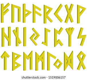 Set of old Norse runes. 3d yellow runic alphabet, Futhark. Ancient occult Viking characters letters on white background, rune font. Vector illustration, EPS 10 . Old Norse writing.