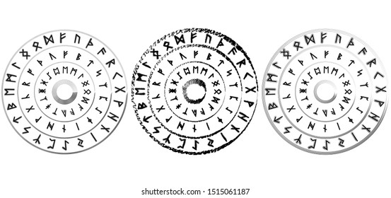 Set of old Norse runes black circles. Runic alphabet, Futhark. Ancient occult Viking characters letters, rune font. Vector illustration, EPS 10. Old Norse writing.