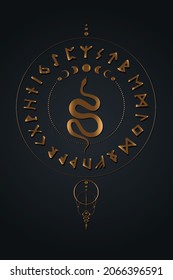 Set of old Norse runes circles. Runic alphabet, Futhark. Gold Ancient occult Viking characters letters, rune font. Old Norse writing. Moon phases and snake. Vector isolated on black background