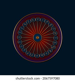 Set of old Norse runes circles. Gold Runic wheel alphabet, Futhark. Ancient occult Viking characters letters, rune font. Golden Sacred compass Old Norse writing. Vector isolated on blue background