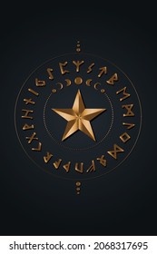 Set of old Norse runes circles. Runic alphabet wheel, Futhark. Gold Ancient occult Viking letters, rune font. Old Norse writing. Moon phases and wind rose compass. Vector isolated on black background 