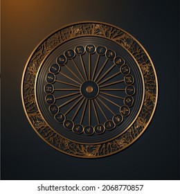 Set of old Norse runes circles. Gold Runic wheel alphabet, roots frame, Futhark. Ancient occult Viking letters, rune font. Golden Sacred compass Old Norse writing. Vector isolated on black background