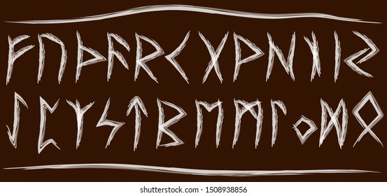 Set of old Norse runes. Runic alphabet, Futhark. Ancient occult Viking characters letters on brown background, rune font. Vector illustration, EPS 10 . Old Norse writing.
