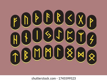 Juego de antiguos coros nórdicos, alfabeto rúdico, futhark. Símbolos ocultos antiguos en un estilo plano. Vector