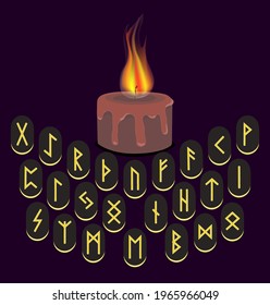 Set of Old Norse runes, runic alphabet, Futhark. Ancient occult symbols. A burning candle. Dark background.Vector
