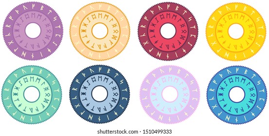 Set of old Norse runes yellow green lilac red orange blue circles. Runic alphabet, Futhark. Ancient occult Viking characters letters, rune font. Vector illustration, EPS 10. Old Norse writing.