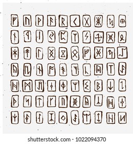 Set of Old Norse Scandinavian runes carved in wood. Runic alphabet, futhark. Ancient occult symbols, vikings letters on white, rune font. Vector illustration with light texture. Ancient norse letter.