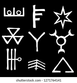 Set of Old Norse Scandinavian runes imaginary version. Runic alphabet symbols, futhark. Inspired by ancient occult symbols, vikings letters and runes. Vector. 