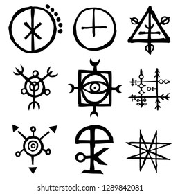 Set of Old Norse Scandinavian runes imaginary version. Runic alphabet symbols, futhark. Inspired by ancient occult symbols, vikings letters and runes. Vector. 