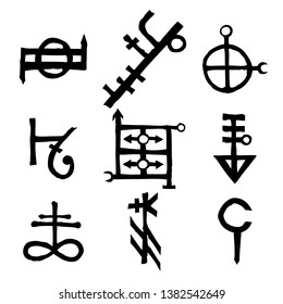 Set of Old Norse Scandinavian runes imaginary version. Runic alphabet symbols, futhark. Inspired by ancient occult symbols, vikings letters and runes. Vector. 

