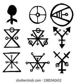 Set of Old Norse Scandinavian runes imaginary version. Runic alphabet symbols, futhark. Inspired by ancient occult symbols, vikings letters and runes. Vector. 

