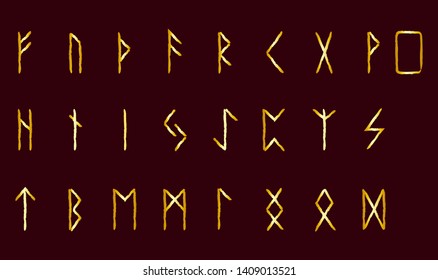 Set of Old Norse Scandinavian runes. Rune alphabet. Occult ancient symbols. Gold stamping, texture