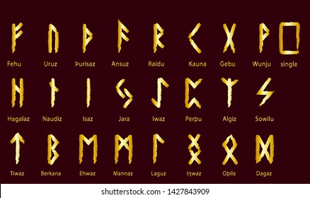 Set of Old Norse Scandinavian runes. Rune alphabet. Occult ancient symbols. Gold stamping, texture