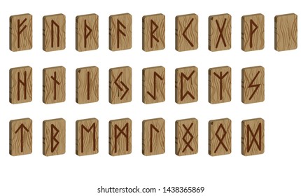 Set of Old Norse Scandinavian runes. Rune alphabet. Occult ancient symbols. Vertical projection. Scandinavian. Imitation burning wood. Wood Cut Texture