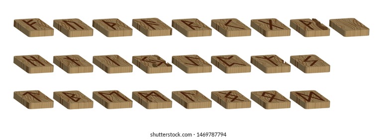 Set of Old Norse Scandinavian runes. Rune alphabet. Occult ancient symbols. Horizontal projection. Scandinavian. Imitation burning wood. Wood Cut Texture