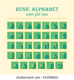 Set of Old Norse Scandinavian runes in trend flat style with long shadows. Rune alphabet. Vector