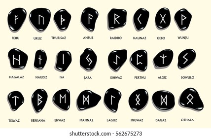 Set of Old Norse Scandinavian runes carved in stone. Runic alphabet ,futhark. Ancient occult symbols, germanic letters on white. Vector illustration.