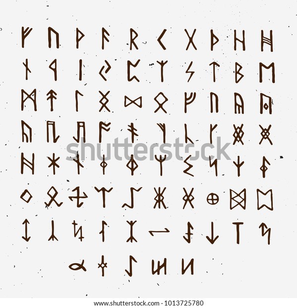 Set of Old Norse Scandinavian runes. Runic\
alphabet, futhark. Ancient occult symbols, vikings letters on\
white, rune font. Vector illustration with light texture. Ancient\
norse letter.