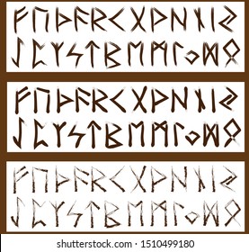 Set of old Norse three brown brush alphabet runes. Runic alphabet, Futhark. Ancient occult Viking characters letters, rune font. Vector illustration, EPS 10. Old Norse writing.