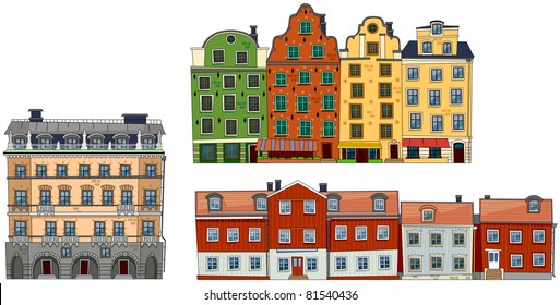 Set of the old Northern European city abstract buildings. Series of the cartoon buildings.