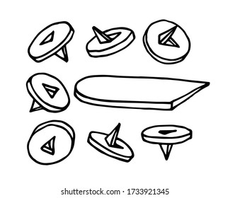 set of old office buttons, simple pushpin for paper, vector illustration with black ink contour lines isolated on a white background in doodle & hand drawn style