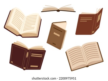 Set of old open flying books. Education and science elements isolated on white background. Historical retro vector illustration.