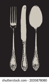 Set of old ornate fork, spoon and knife in retro style. Vintage silverware or flatware. Beautiful silver or steel cutlery isolated on black background. Old tableware vector monochrome illustration