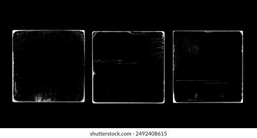 Set of old paper overlay covers for vinyl records isolated on black background. Frame with worn edges. Vintage paper texture. Worn, aged surface. Dirty, dusty scratches. Mockup Vector illustration