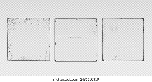 Conjunto de cubiertas de papel viejas para discos de vinilo aislados sobre fondo transparente. Horizontales, fuertes arañazos. Señales de desgaste y daños. Los bordes están deshilachados y ligeramente rasgados. Ilustración vectorial.