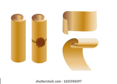 Set of old paper scrolls with a wax seal. Vector illustration isolated on a white background. For design banner, text, template, announcement, advertisement.
