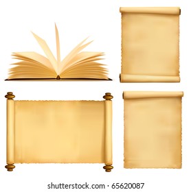 Set of old paper sheets and book. Vector.